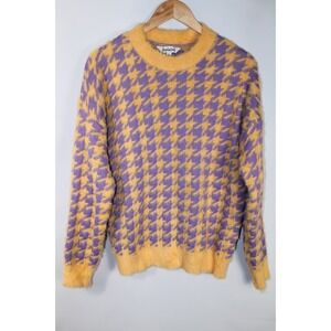 David & Dani Women's Small Orange Purple Houndstooth Oversized Fuzzy Sweater
